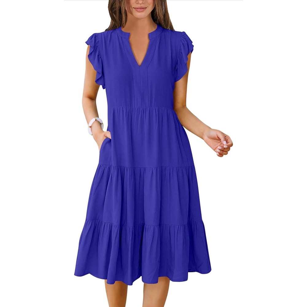 Royal Blue Tiered Midi Dress Ruffle Cap Sleeve Split V-Neck with Pockets Large